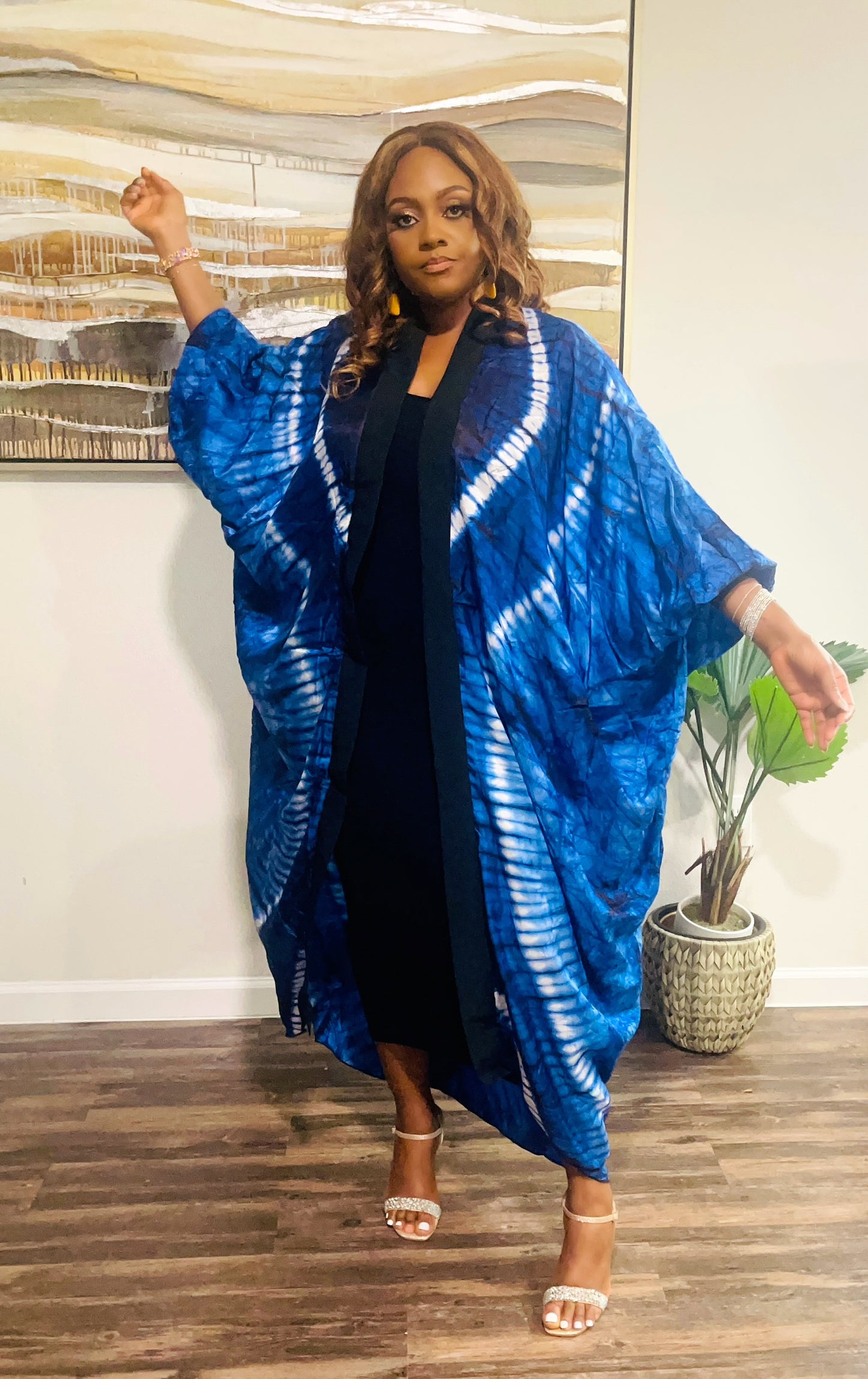 Adire Silk Kimono Dress -Blue