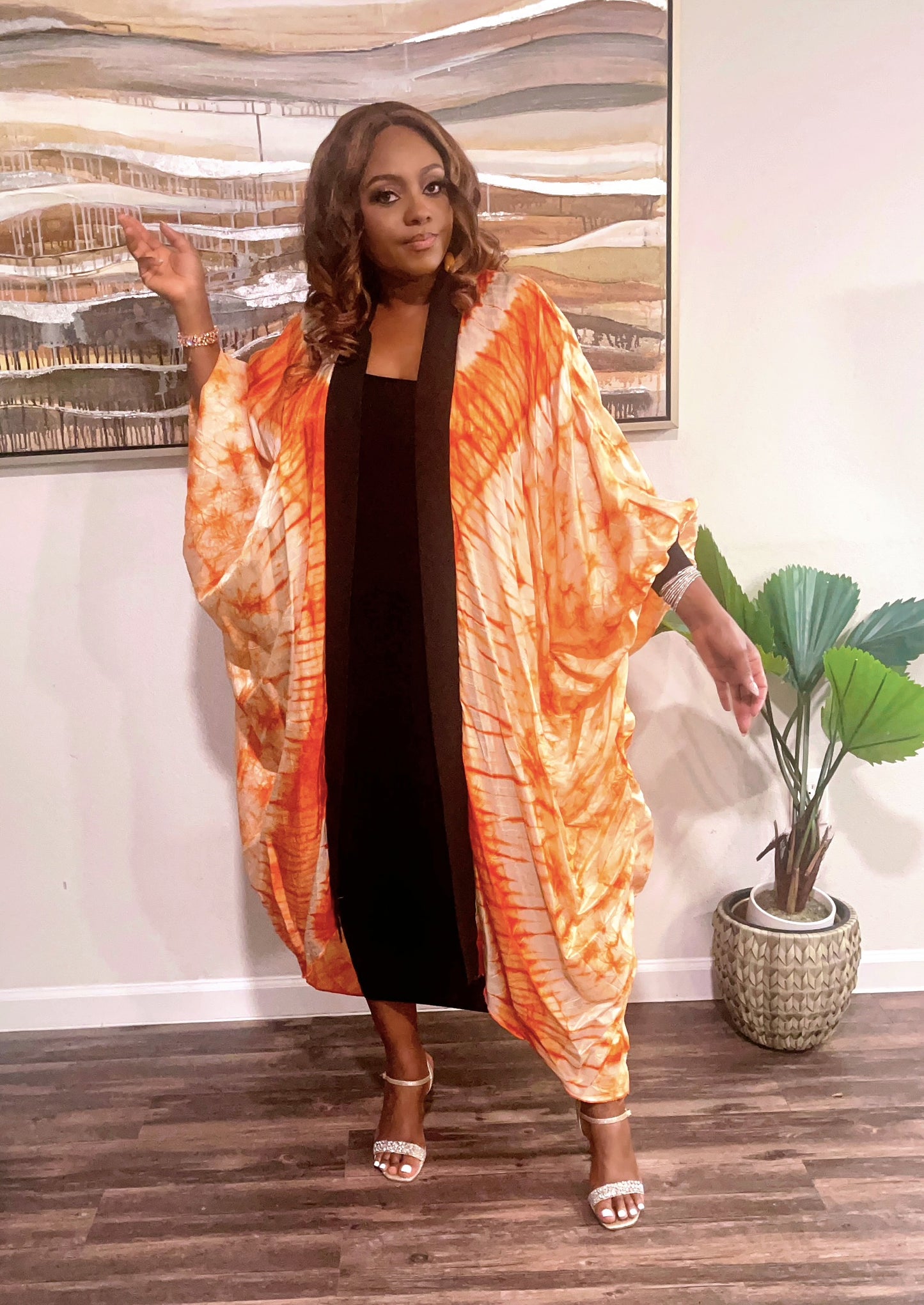 Adire Silk Kimono Dress -Orange