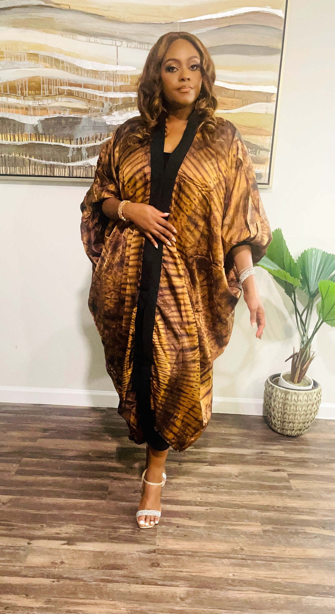 Adire Silk Kimono Dress -Brown Adire Silk Kimono Dress -Brown