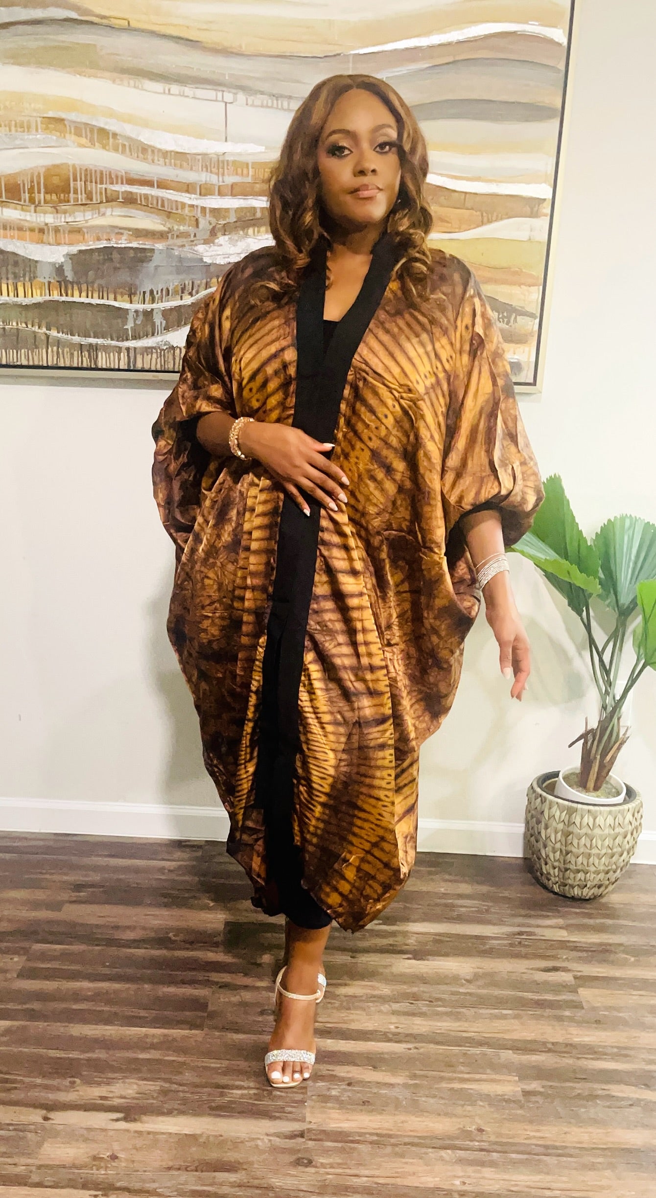 Adire Silk Kimono Dress -Brown