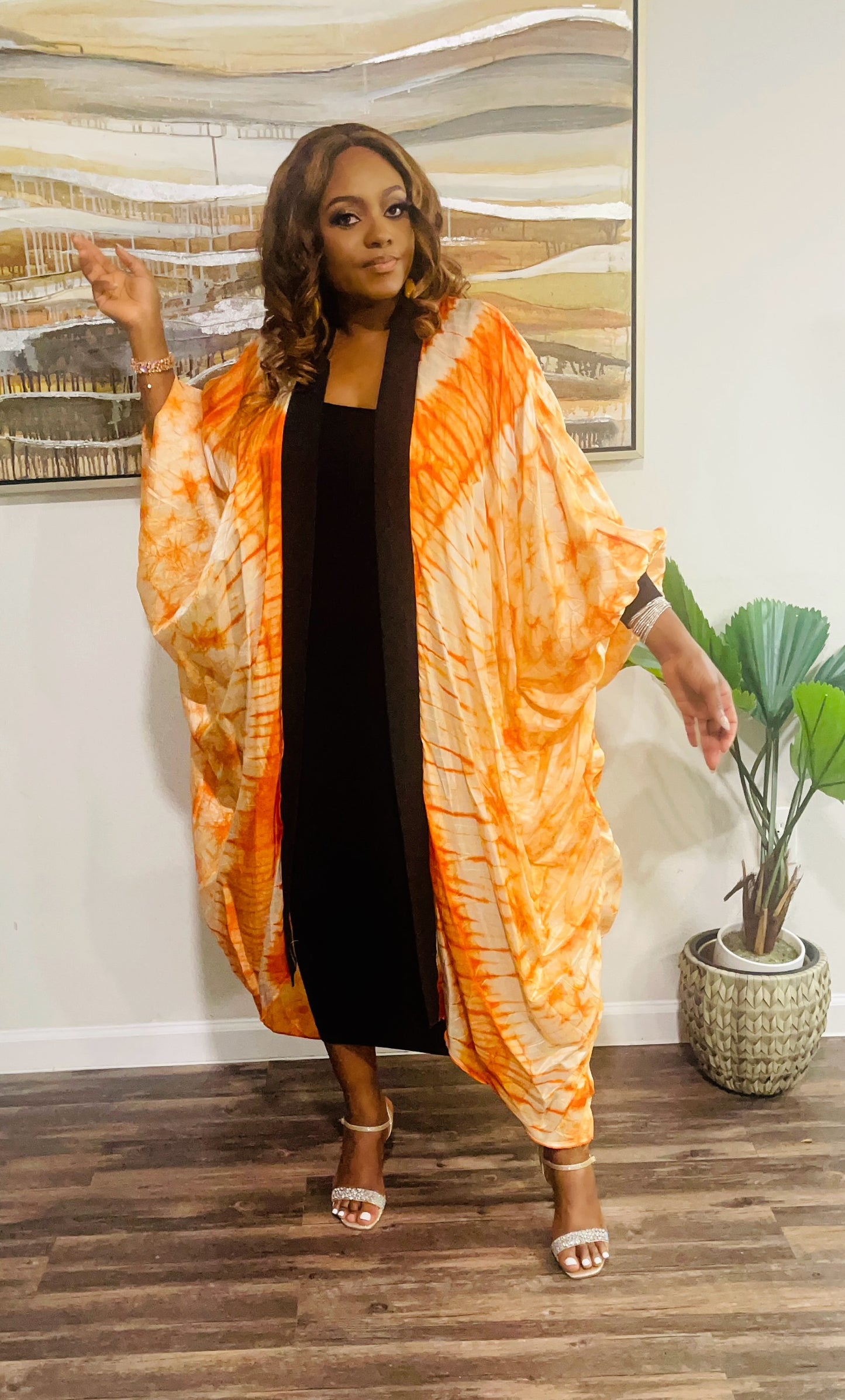 Adire Silk Kimono Dress -Orange
