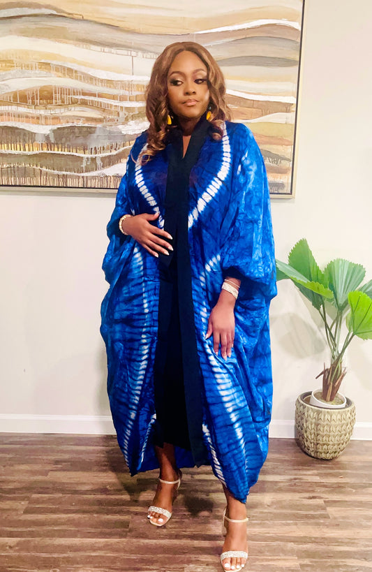 Adire Silk Kimono Dress -Blue